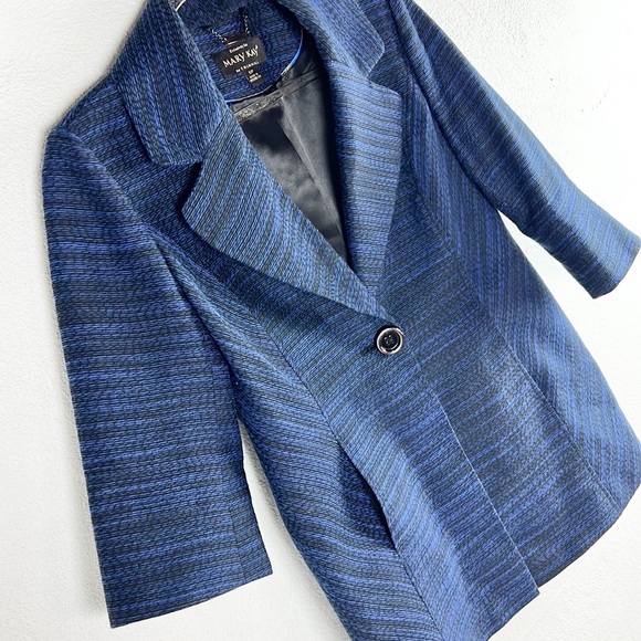 MARY KAY | 💙🖤 Midnight Blue & Black Striped Pattern 3/4 Sleeves Blazer Jacket - Picture 7 of 9